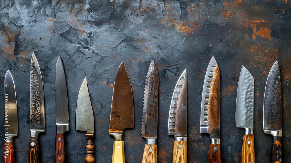 Poster Detailed depiction of kitchen knives of various sizes and styles centered with empty space on the right Stock Photo with copy space