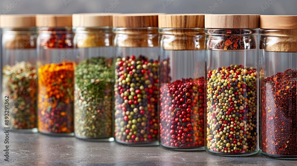 Poster illustration of glass storage jars filled with spices and herbs with empty space around the edges st