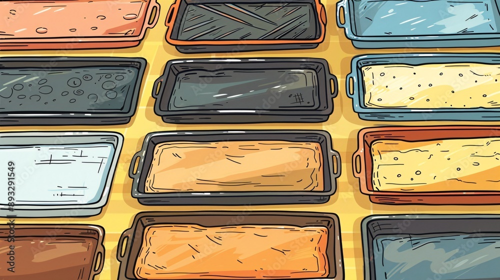 Poster Detailed drawing of a variety of baking trays and sheets centered with empty space around the edges Stock Photo with copy space