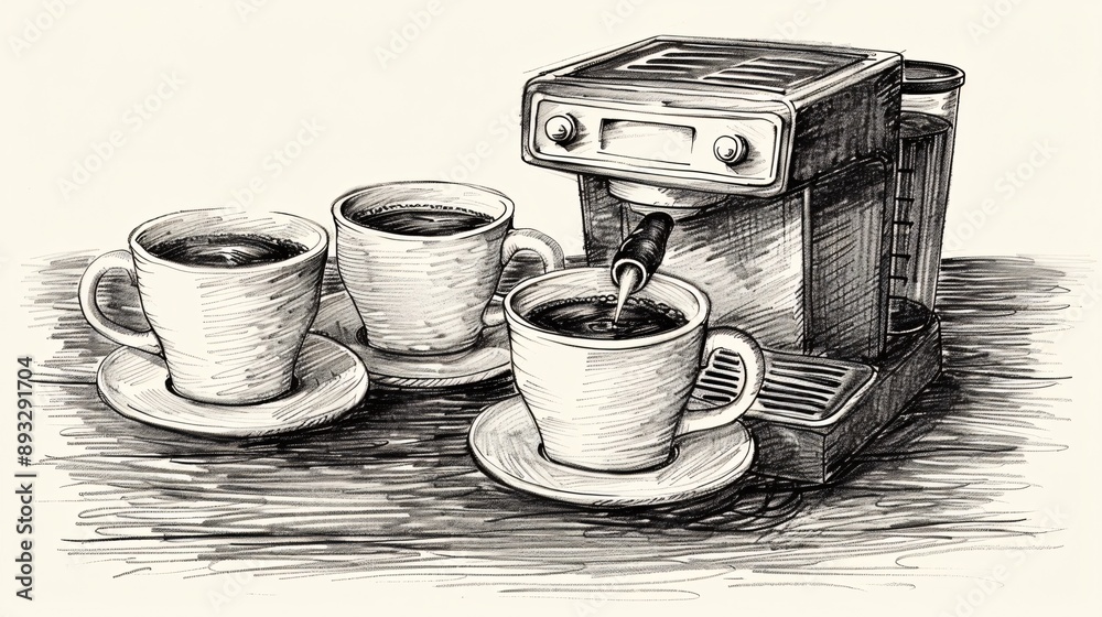 Aufkleber detailed drawing of a coffee maker and a set of mugs centered with empty space on the left stock pho
