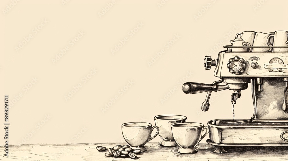 Poster Detailed drawing of a coffee maker and a set of mugs centered with empty space on the left Stock Photo with copy space