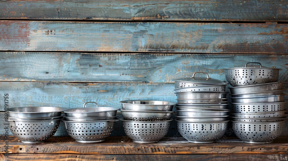 Poster illustration of a set of stainless steel colanders and strainers with empty space on the right stock