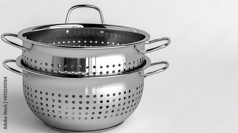 Poster Illustration of a set of stainless steel colanders and strainers with empty space on the right Stock Photo with copy space