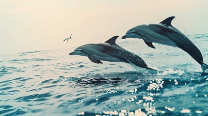 Obraz premium Two dolphins leap from the ocean surface, creating a splash in the water.