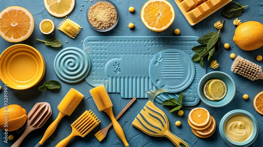 Aufkleber Illustration of a set of silicone baking mats and pastry brushes with empty space around the edges Stock Photo with copy space