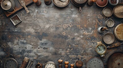 Illustration of an assortment of kitchen scales and measuring tools with significant empty space on the left Stock Photo with copy space