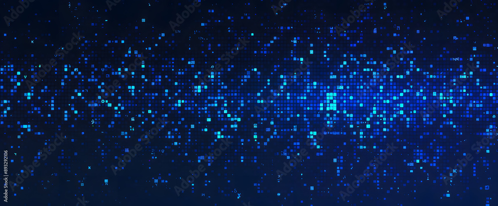 Poster Dark background with blue pixel pattern. Vector illustration of abstract bg with geometric square elements grid. digital backdrop with dissolve rectangle dot particle mosaic gradient texture.