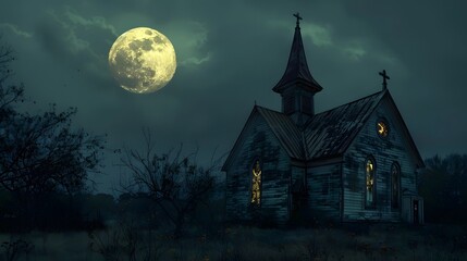 Spooky cartoon illustration of a haunted castle in a dark autumn forest under a Halloween night sky