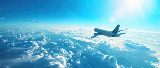 A white airplane is flying through a blue sky with clouds