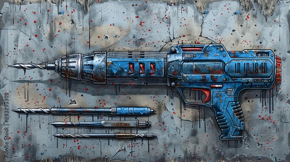 Poster Detailed drawing of a power drill with various drill bits centered with empty space on the right Stock Photo with copy space