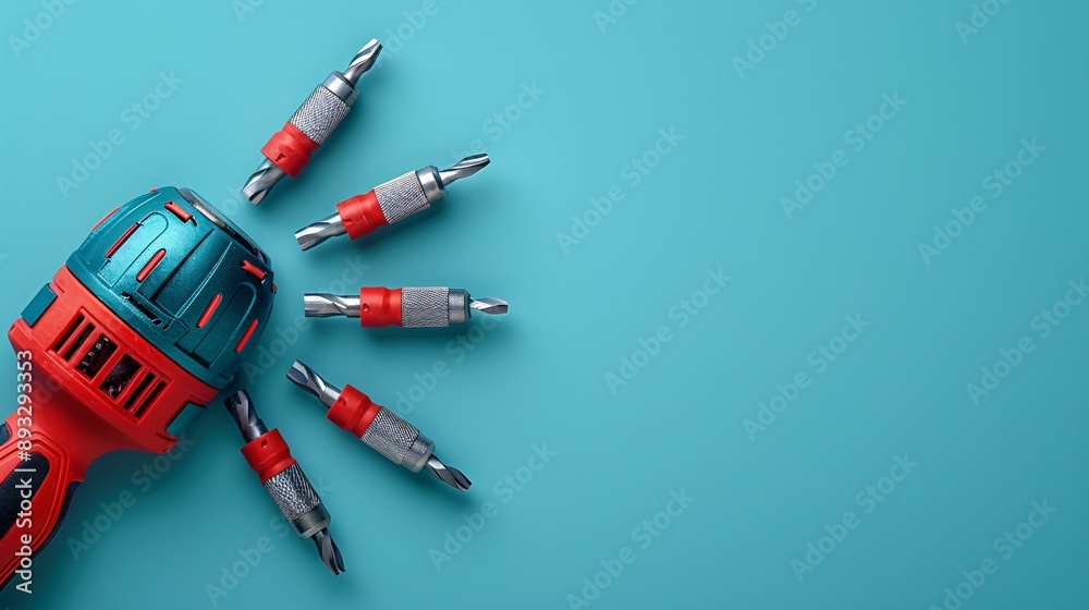 Poster Illustration of an electric screwdriver with multiple heads centered with empty space around the edges Stock Photo with copy space