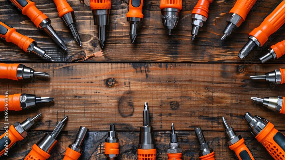 Poster Illustration of an electric screwdriver with multiple heads centered with empty space around the edges Stock Photo with copy space