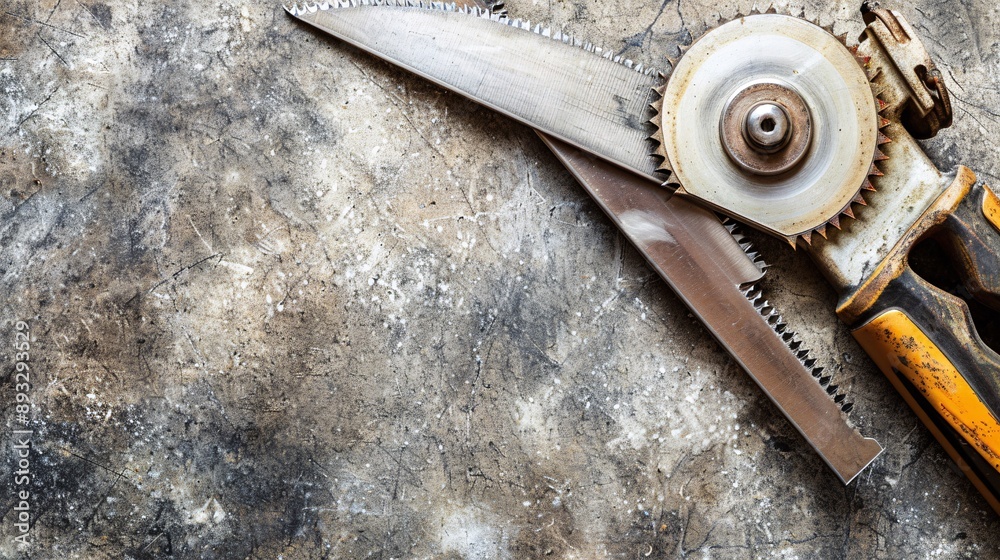 Poster Illustration of a tile cutter with sharp blades centered with significant empty space on the right Stock Photo with copy space