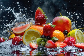A splash of water has splashed over a pile of fruit, including oranges, apples