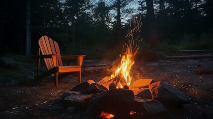 unlit fire pit with wood and flames, night time