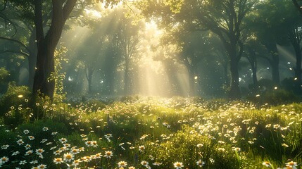 Obraz premium A modern meadow with transparent wildflowers and bioluminescent grasses, creating a peaceful scene 