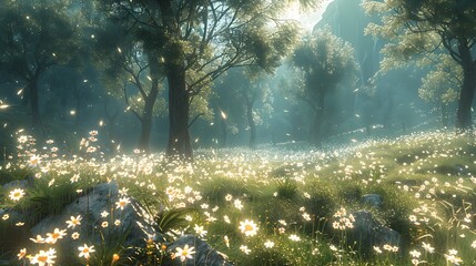 Obraz premium A modern meadow with transparent wildflowers and bioluminescent grasses, creating a peaceful scene 