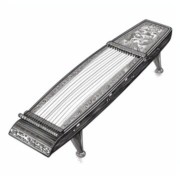 recommend clip art: Black and white Vintage engraved art of a koto isolated on white background, ink sketch illustration, simple vector art design, highly detailed line art, high contrasty