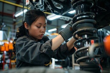 Focused Mechanic Inspecting Car Suspension