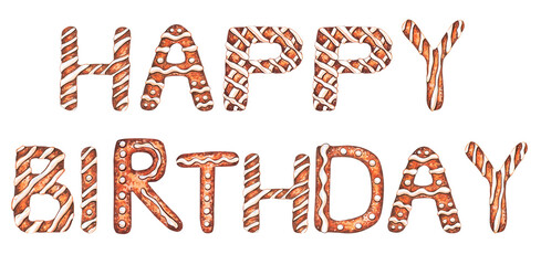 Gingerbread text,lettring: Happy Birthday. individual PNG text. Cookies alphabet.