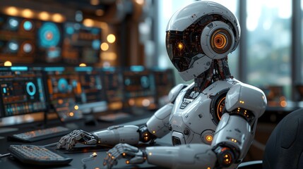 A Robot Is Sitting at a Computer Desk With a Keyboard and Mouse in Front of Him - Generative AI