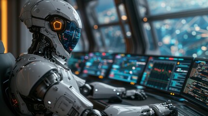 Fototapeta premium A Robot Sitting in Front of a Computer Screen With Codes on the Screen - Generative AI