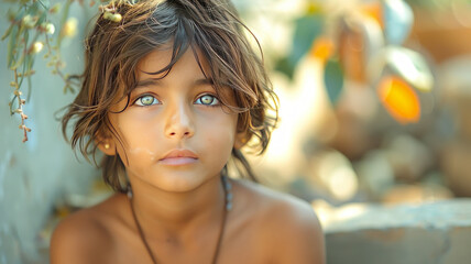 Fototapeta premium cinematic retro shot of a little Indian boy with green eyes sitting on the sidewalk edge and looking into the camera.generative ai