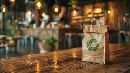 Wooden table and a brown paper bag with a green recycling symbol on it, sitting in an eco-friendly cafe. Generative AI illustration 