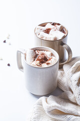 Winter hot chocolate with marshmallows in mug on white background. Christmas drink concept.