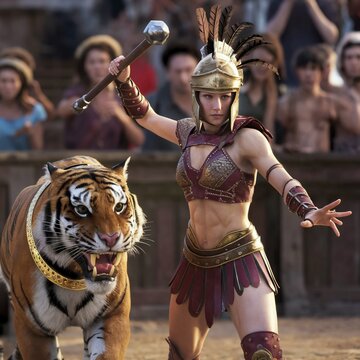 A female gladiator walks around the arena
