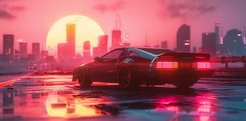 Coche de onda sint&eacute;tica de los a&ntilde;os 80 en cuadr&iacute;cula con el horizonte de la ciudad al fondo, puesta de sol, luces de ne&oacute;n, estilo de arte digital