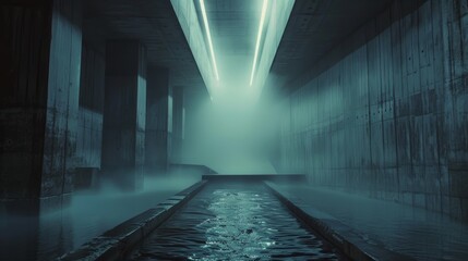 Futuristic movie set. Water flowing in the middle. Giant Brutalist concrete architecture in the fog. No people. Composition in the middle. Dark. Blue hour. LED bulbs.