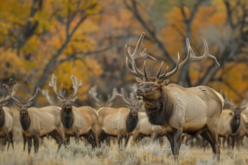 Obraz premium A Bull Elk sticks its tongue out to taste the pheromones its harem is giving off during the Autumn rut.