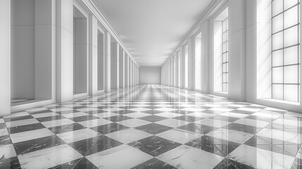 Empty of room with raise floor or access floor or table floor with grid line clean new and symmetry in perspective view.