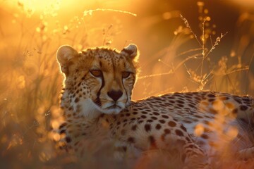 A Cheetah lounges in the bush grasses at sundown