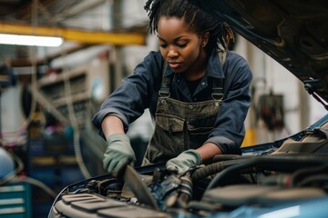 Female Mechanic Working Under the Hood of a Car