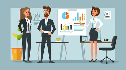 Fototapeta premium Three people in suits are standing around a white board with graphs and charts