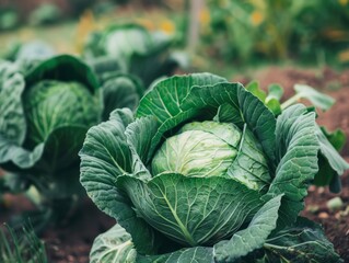 Fototapeta premium The Beauty of Green Head Cabbage: Exploring French Garden Vegetables on a Private Farm