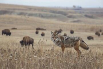 Fototapeta premium A Coyote traveling through the Bison fields