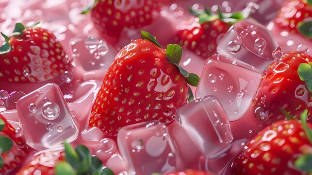 Close-up of bright red strawberries in tasty pink jam with ice, leaves, and fresh fruit.

