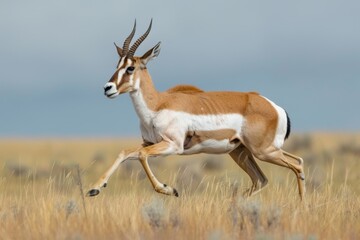 A fast Pronghorn runs across the grassy field