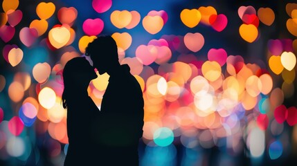 Silhouetted couple sharing a romantic kiss against a colorful background of heart-shaped bokeh lights at night.