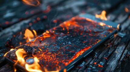 A close-up image of a smartphone engulfed in flames, lying on a charred wooden surface, representing danger or tech failure.