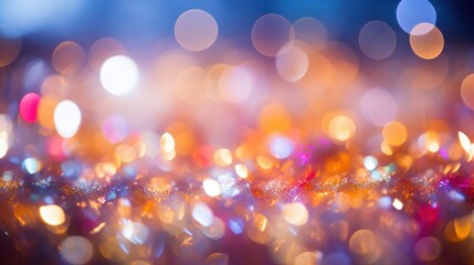 A vibrant abstract background featuring colorful bokeh lights, creating a festive and dreamy atmosphere with various hues and sparkles.