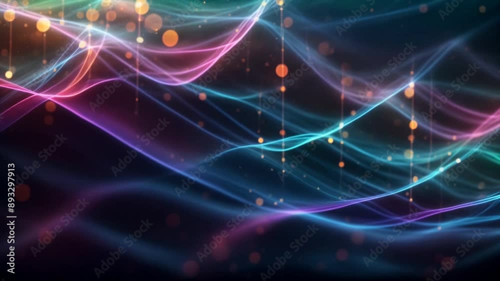 Wall mural looped 3d animation of energy dynamic abstract footage with glowing plasma swirling lines, waves, sh