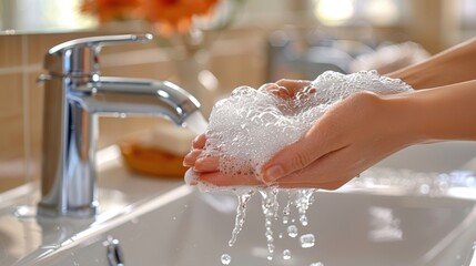 Fototapeta premium Close-up of hands washing with soapy water in a modern sink, emphasizing cleanliness and hygiene.