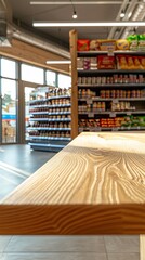 Fototapeta premium Wooden Tabletop Against Blurred Supermarket Interior
