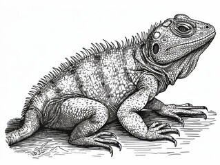 Fototapeta premium Black and white Vintage engraved art of a basilisk isolated on white background, ink sketch illustration, simple vector art design, highly detailed line art, high contrasty 