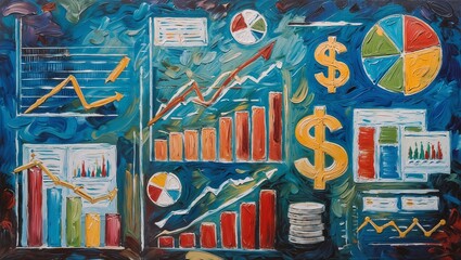 oil paint art of business set of budgeting, investing, and saving, with symbols like graphs, charts, and dollar sign. Business success, personal finance education concept.