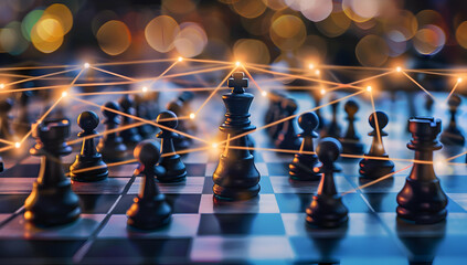 A strategic chess game with pieces connected by glowing lines, representing networking and connections in a vibrant background.